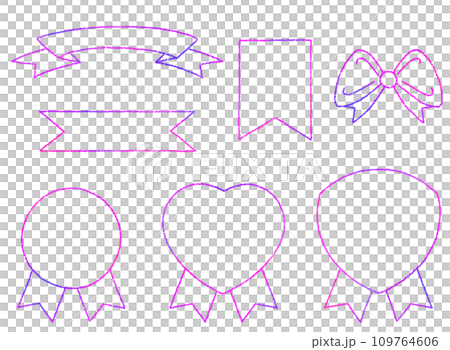 いろんなリボンのグラデーションイラスト クレヨンタッチの線画 【セット】 109764606