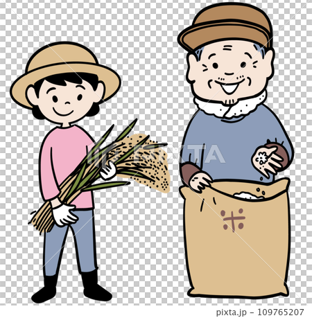 米作農家の孫とおじいちゃん 109765207