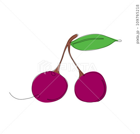 Cherry in continuous line art drawing style. Cherry minimalist black linear sketch with colored spots isolated on white background. Vector illustration Cherry in continuous line art drawing style. Cherry minimalist black linear sketch with colored spots isolated on white background. Vector illustration 109765218