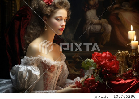 Young brunette woman in a white dress with a bouquet of red flowers. Portrait in the style of impressionism, oil painting. Noble lady of the 19th century. For cards, greetings, wall decoration. Young brunette woman in a white dress with a bouquet of red flowers. Portrait in the style of impressionism, oil painting. Noble lady of the 19th century. For cards, greetings, wall decoration. 109765296