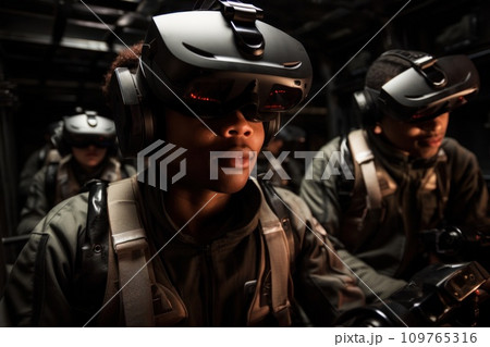 Group of special squad people in special equipment, virtual reality glasses, and headphones in action perform a special task. Concept of using virtual reality glasses for complex tasks and techniques Group of special squad people in special equipment, virtual reality glasses, and headphones in action perform a special task. Concept of using virtual reality glasses for complex tasks and techniques 109765316