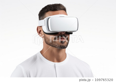 Caucasian man in virtual reality glasses on a white background. Person in white VR goggles. Unforgettable emotions and impressions. Concept of technology, game, entertainment, artificial intelligence. 109765320