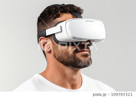 Caucasian man in virtual reality glasses on white background. Person in white VR goggles. Unforgettable emotions and impressions. Concept of technology, game, entertainment, artificial intelligence. 109765321