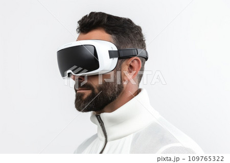 Caucasian brunette man with beard in virtual reality glasses on white background. Banner template of man in VR goggles. Concept of technology, game, entertainment, artificial intelligence. 109765322