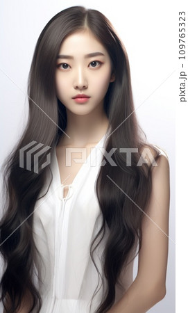 Young Asian beauty woman model with long dark hair in white tank top with pastel Korean makeup and perfect skin, on white background. The concept of tenderness, youth, and self-care. Vertical photo 109765323