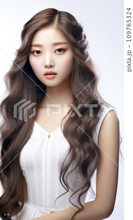 Young Asian beauty model woman with long dark hair in white tank top with pastel Korean makeup and perfect skin, on white background. The concept of youth, tenderness and self-care. Vertical photo 109765324