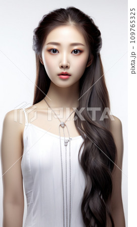 Young Asian beauty woman model with long dark hair in white tank top with pastel Korean makeup and perfect skin, on white background. Concept of youth, tenderness and self-care. Vertical photo 109765325