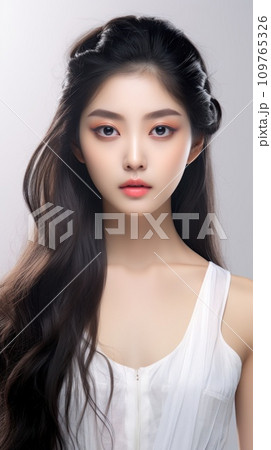Young Asian beauty woman model with long dark hair in white tank top with pastel Korean makeup and perfect skin, on white background. The concept of youth, tenderness and self-care. Vertical photo 109765326