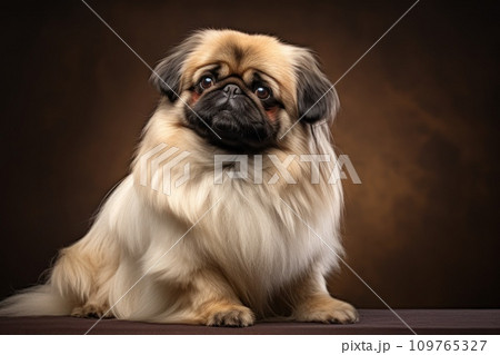 Full size purebred Pekingese dog on dark background. Pedigree doggy. For advertising, posters, banners, or promoting pet stores, dog care, grooming services, and veterinary clinics. 109765327