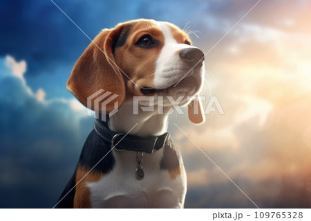 Portrait of a purebred purebred Beagle dog against the background of a clear blue sky. With copy space. Close-up. For posters, banners and advertising. Show off the elegance of this thoroughbred 109765328