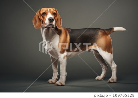 Full-sized purebred pedigree Beagle dog stands tall against a clean grey backdrop. With copy space. Close up. For posters, banners, advertisements. Showcase the elegance of this pedigree breed. 109765329