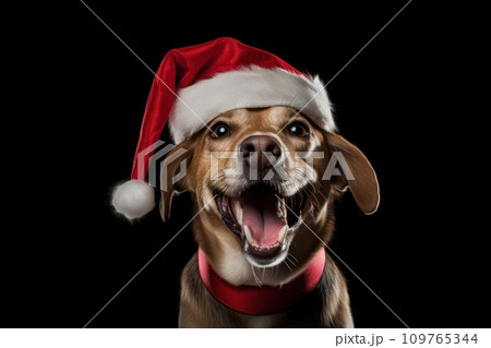 Cute cheerful purebred Golden retriever dog in a Christmas Santa Claus hat on a black background. New Year postcard, background with pet. Merry Christmas. Banner, advertising, poster. 109765344