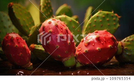 Fruit Prickly Pear. Whole red fruits on green background of leaves and drops. Macro. Exotic sweet fruit of Opuntia cactus. Vegan eco dessert. Supermarket, advertising, restaurant, menu, food blogging. 109765354