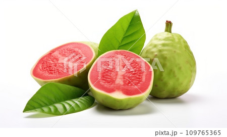 Guava fruits on white background. Whole and halves. Green peel, red flesh. Psidium guajava. Exotic tropical fruit. healthy vegan dessert. Macro. Organic eco. Food blog, shop, supermarket restaurant. Guava fruits on white background. Whole and halves. Green peel, red flesh. Psidium guajava. Exotic tropical fruit. healthy vegan dessert. Macro. Organic eco. Food blog, shop, supermarket restaurant. 109765365