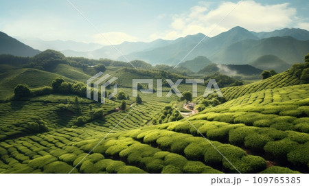 Ancient tea gardens of Yunnan Province, where Pu-erh tea trees thrive. Lush greenery and serene ambiance of this tea-producing region. Landscape, plantation tea harvest. Beautiful backdrop. Ancient tea gardens of Yunnan Province, where Pu-erh tea trees thrive. Lush greenery and serene ambiance of this tea-producing region. Landscape, plantation tea harvest. Beautiful backdrop. 109765385