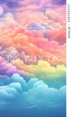 Illustration of rainbow colored clouds. Fairytale fantasy sky background. Dreamy fantasy soft backdrop or wallpaper. Vertical illustration. Copy Space. Illustration of rainbow colored clouds. Fairytale fantasy sky background. Dreamy fantasy soft backdrop or wallpaper. Vertical illustration. Copy Space. 109765557