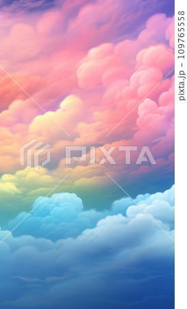Illustration of rainbow colored clouds. Fairytale fantasy sky background. Cartoon style. Dreamy fantasy soft backdrop or wallpaper. Vertical illustration. Copy Space. 109765558