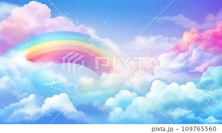 Illustration of rainbow clouds with shining stars. Fairytale fantasy sky background. Cartoon style. Copy Space. 109765560