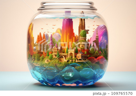 Fantastic illustration of small fairy-tale world of town with trees, lake, rainbow inside glass jar. Mystical town isolated in jar. Colorful fantasy art. Concept of isolation from the outside world. 109765570