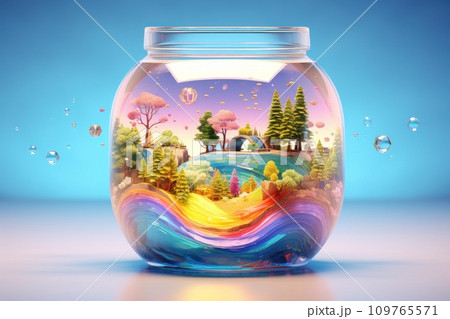 Fantastic illustration of small fairy-tale world with trees, lake, rainbow inside glass jar. Dream concept.. Mystical beautiful world isolated in jar. Colorful fantasy art. Postcard, scrapbooking 109765571