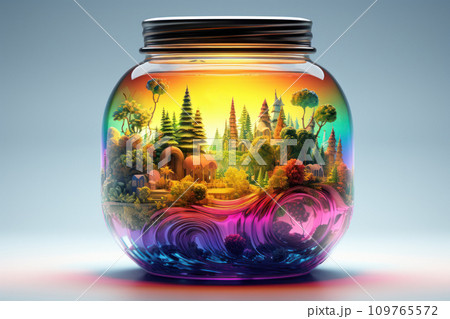 Fantastic illustration of small fairy-tale world of town with trees, lake, rainbow inside glass jar. Mystical beautiful settlement isolated in jar. Colorful fantasy art. Postcard, book, scrapbooking 109765572