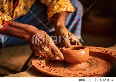 Close-up of the hands of a local master potter, crafting clay pottery, a pot, on a traditional pottery wheel. Traditional artistic craftsmanship, cultural heritage. Craftsman potter. 109765613