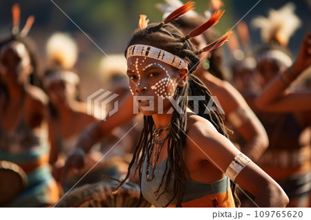 Young native American Indian woman in traditional costume, jewelry and headdress with feathers, dances indigenous tribal dance at cultural festival. Against the background of dancing people Young native American Indian woman in traditional costume, jewelry and headdress with feathers, dances indigenous tribal dance at cultural festival. Against the background of dancing people 109765620