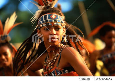 Young woman, native American Indian girl in traditional costume, jewelry and headdress with feathers, dances indigenous tribal dance at cultural festival. Against the background of dancing people Young woman, native American Indian girl in traditional costume, jewelry and headdress with feathers, dances indigenous tribal dance at cultural festival. Against the background of dancing people 109765623