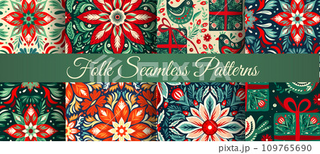 Folk Art Ornament Christmas Seamless Vector. Art Deco Tile Nordic Star Flower Pattern Background 109765690