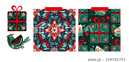 Christmas Folk Art Star Floral Boho Seamless Pattern Vector Set. Swedish Scandinavian Holiday Ornament Collection. 109765701