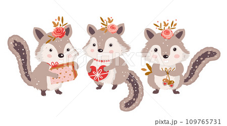 Cute chipmunk animal set. Forest woodland character collection with gift and flower. Vector happy funny greeting card Cute chipmunk animal set. Forest woodland character collection with gift and flower. Vector happy funny greeting card 109765731