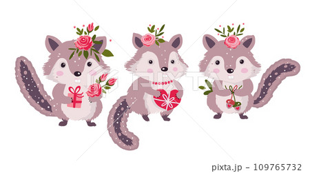 Cute chipmunk animal set. Forest woodland character collection with gift and flower. Vector happy funny greeting card Cute chipmunk animal set. Forest woodland character collection with gift and flower. Vector happy funny greeting card 109765732