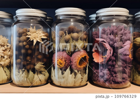 Row of glass jars with dried flowers. Blossom preserved and stored for craft use.  AI-generated 109766329