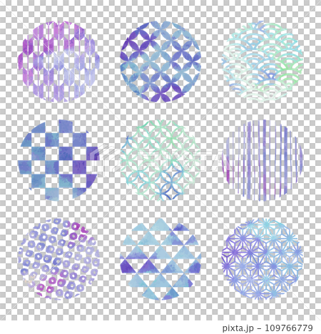 Blue Japanese pattern circle illustration material set (watercolor style vector) Blue Japanese pattern circle illustration material set (watercolor style vector) 109766779