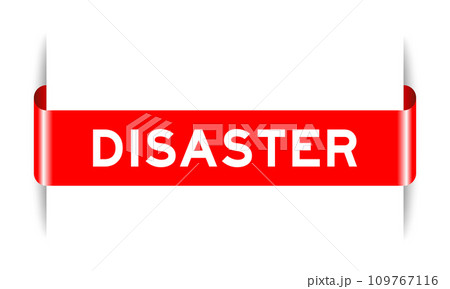 Red color inserted label banner with word disaster on white background 109767116
