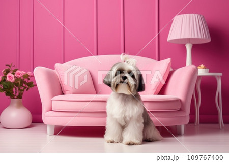 Purebred pedigreed white Bichon Frize Shih Tzu dog in charming, cozy, light pink living room with modern interior and design. With copy space. Adorable puppy. Advertisement, banner, poster, postcard. 109767400