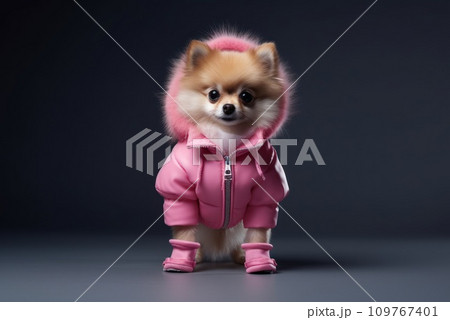 Glamorous Purebred pedigreed Pomeranian dwarf Spitz dog dressed in pink jacket and boots. Copy space. Isolated on dark background. Cute stylish puppy. Clothes for dogs. Advertising, banner, poster. 109767401
