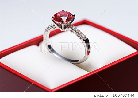 Elegant wedding ring featuring large, vibrant red diamonds in red box on white backdrop. white gold or platinum with diamonds. showcasing in presentations, posters, banners, jewelry store brochures. Elegant wedding ring featuring large, vibrant red diamonds in red box on white backdrop. white gold or platinum with diamonds. showcasing in presentations, posters, banners, jewelry store brochures. 109767444