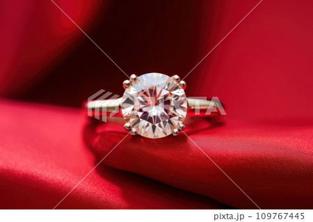 Sparkling diamond engagement ring on a red background. Symbolizes love and devotion. Jewelry. Large brilliant. Close up. Elegant wedding ring. presentation, poster, banner, brochure of jewelry store 109767445