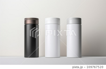 Clean mockups for cosmetic products. Three clean plastic cans for shampoo, conditioner and hair mask. Mockups for hair care products. Clean cans isolated on white background. Mockups for design Blank 109767520