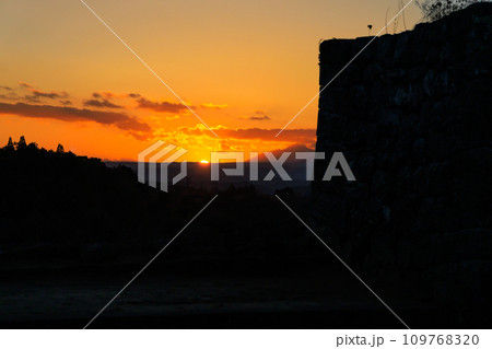 岡城跡の石垣と夕日（大分県竹田市） 109768320