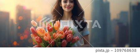 Girl holding a beautiful bouquet of tulips 109768638