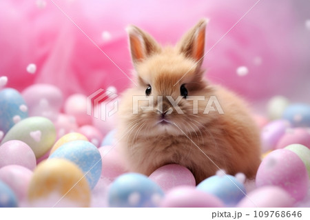 Easter bunny among pastel Easter eggs Easter bunny among pastel Easter eggs 109768646