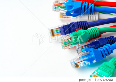 Colorful network cables switch on white background Colorful network cables switch on white background 109769288