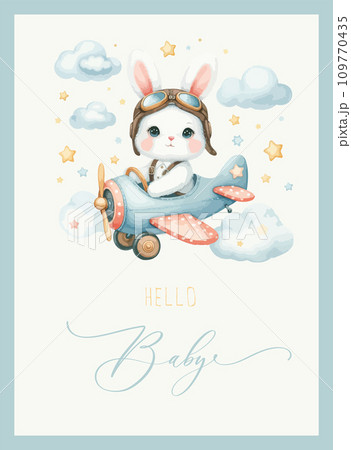 Cute baby shower watercolor invitation card with bunny pilot on an airplane. Hello baby calligraphy. 109770435