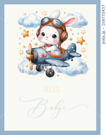 Cute baby shower watercolor invitation card with bunny pilot on an airplane. Hello baby calligraphy. Cute baby shower watercolor invitation card with bunny pilot on an airplane. Hello baby calligraphy. 109770437