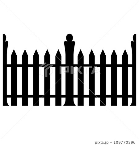 Black wooden fence silhouette isolated on white background. Decorative wood picket fence section design. Vector flat black garden picket fence design. Vector wood picket design. Seamless border. 109770596