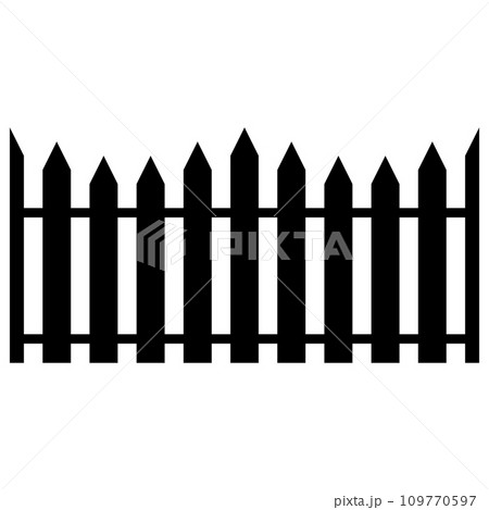 Black wooden fence silhouette isolated on white background. Decorative wood picket fence section design. Vector flat black garden picket fence design. Vector wood picket design. Seamless border. Black wooden fence silhouette isolated on white background. Decorative wood picket fence section design. Vector flat black garden picket fence design. Vector wood picket design. Seamless border. 109770597