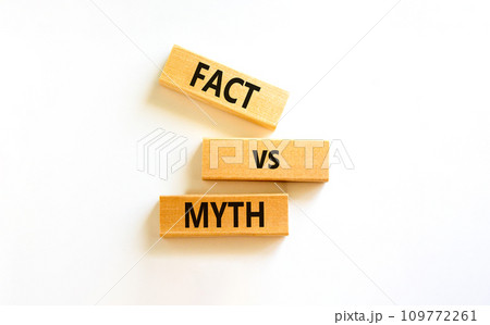 Fact vs myth symbol. Concept words Fact vs myth on wooden blocks on a beautiful white table white background. Business, finacial and fact vs myth concept. Copy space. Fact vs myth symbol. Concept words Fact vs myth on wooden blocks on a beautiful white table white background. Business, finacial and fact vs myth concept. Copy space. 109772261