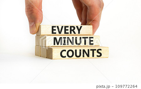 Every minute counts symbol. Concept words Every minute counts on wooden blocks on a beautiful white table white background. Businessman hand. Business, motivational and every minute counts concept. Every minute counts symbol. Concept words Every minute counts on wooden blocks on a beautiful white table white background. Businessman hand. Business, motivational and every minute counts concept. 109772264
